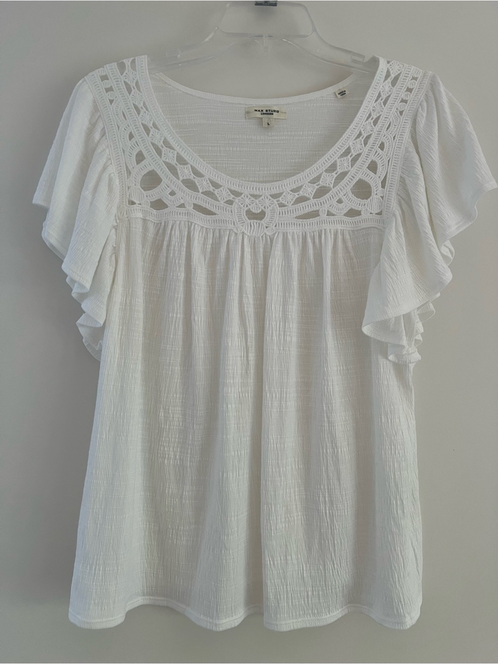 Max Studio White Crochet Yoke Flutter Sleeve Blouse